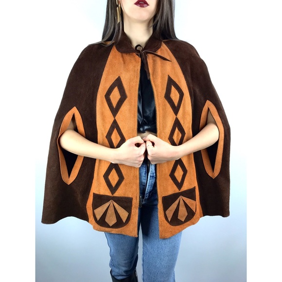 Vintage Jackets & Blazers - 1960’s orange and brown suede diamond print cape